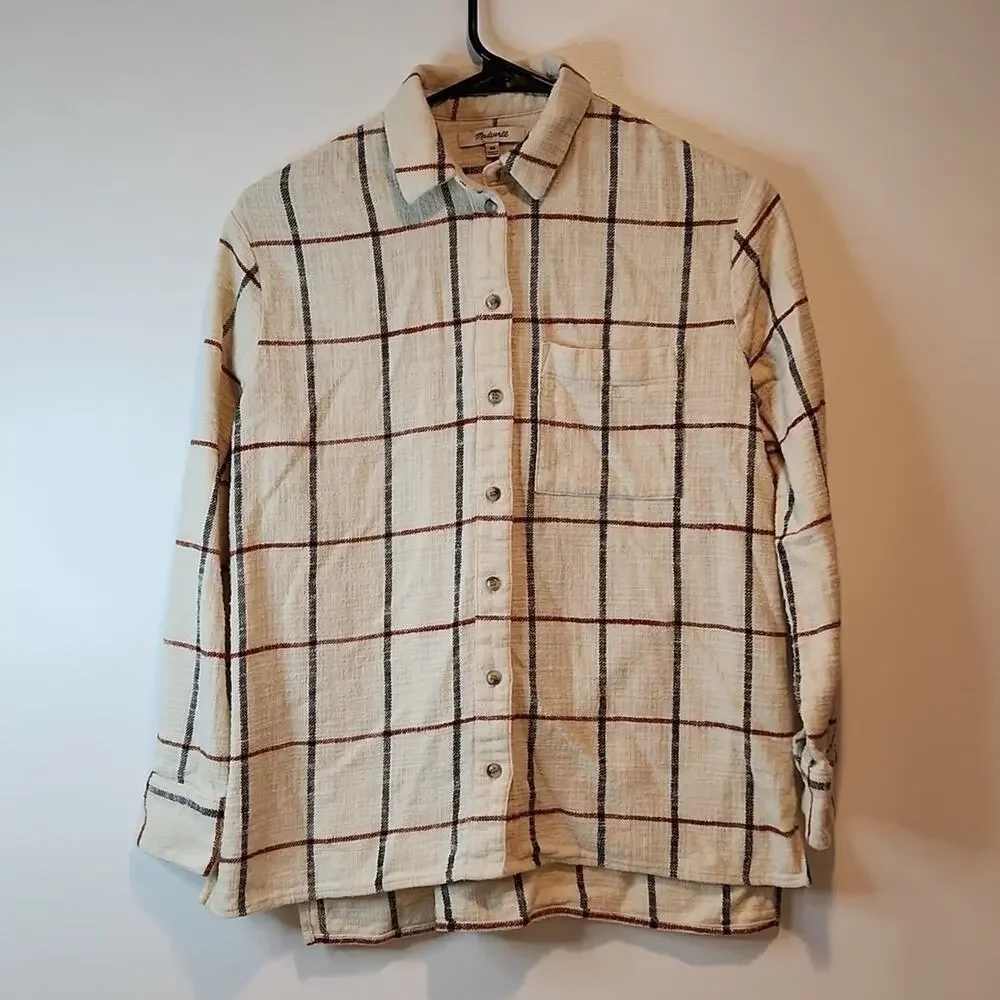 Madewell Flannel Oversized Ex Boyfriend Shirt Plaid Women's Sz XS Cream EUC NICE - Picture 2 of 12
